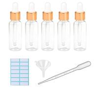 Set of 5 Refillable 10 ml Transparent Plastic Dropper Bottles for Essential Oil with Measured Dropper, Funnel, and Labels (30 ml White + Gold Cap)