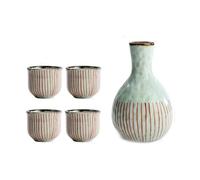 Set of 5 Retro Japanese Ceramic Mini Sake, 14oz Sake Bottle and 1.7oz Sake Cups, Liquor Bottle and Green Cups with Red Vertical Stripes Design