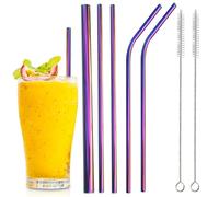Set of 5 Reusable Metal Drinking Straws(3 Straight + 2 Bent + 2 Cleaners), 8.5’’ Long Stainless Steel Straw with Cleaning Brush,Party Summer Use Birthday Smoothie Milk Shake Water Juice (Rainbow)