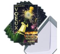 Set of 5 Shiny Gold Best Wishes Cards for the New Year + 5 White Envelopes Size 14 x 9 cm - Sparkling Champagne Bottle Opening Bubble Cap Firework Sparkling Parties