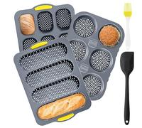 Set of 5 Silicone Baguette Pan, NonStick French Bread Baking Tray, 4, 6 and 9 Grid Hamburger Bun Mold Set with Spatula Brush, Bun Pans Set for Baking Homemade Baguette Bread Sandwich Loaf (Grey)