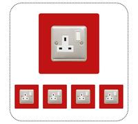 Set of 5 Single Socket Surround, Acrylic Back Panel or Plate, Protect Wall from Finger Prints, Choose from 18 Colours (Red)