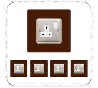 Set of 5 Single Socket Surround, Acrylic Back Panel or Plate, Protect Wall from Finger Prints, Choose from 18 Colours (Brown)