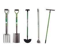 (Set of 5 Spade, Fork, Rake, Edging & Hoe) Garden Tools Lightweight Soft Plastic Handle Grip