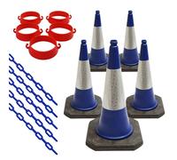 Set of 5 Traffic Cones, Plastic Security Cone Chain Barrier and Links - For Road and Driveway Safety - Use for No Parking or Entry - Red, White and Reflective Design (Blue)