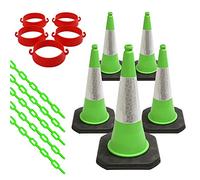 Set of 5 Traffic Cones, Plastic Security Cone Chain Barrier and Links - For Road and Driveway Safety - Use for No Parking or Entry - Red, White and Reflective Design (Green)
