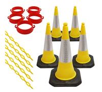 Set of 5 Traffic Cones, Plastic Security Cone Chain Barrier and Links - For Road and Driveway Safety - Use for No Parking or Entry - Red, White and Reflective Design (Yellow)