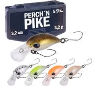 Set of 5 trout bait with tackle box, 3.2 cm, 3.2 g, floating mini wobbler, artificial bait for trout and perch, fishing accessories in various decorations for predatory fish anglers (set 1 - 3.2 g/3.2