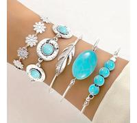 Set of 5 Turquoise Bracelets for Women - Trendy Sterling Silver Bracelet - Floral and Leaf Pattern