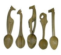 Set of 5 Wildlife Theme African Handcrafted Wooden Teaspoons 6 inch / 15 cm Spoons Elephant Giraffe Lion etc