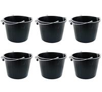 (Set of 6) - 14 Litre 3 Gallon Black Bucket with strong metal handle and large spout, Heavy-Duty plastic builder's bucket, ideal use for mixing cement, water storage, construction work