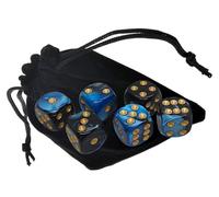 Set of (6) 16mm Pearlized Dual-Color Dice - Celestial Azule (Blue/Black, Gold Pips) - Includes Velvet Storage Pouch