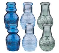 (Set of 6) 3pc Embossed Glass Mini Decorative Blue & Green Bud Vases
