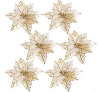 Set of 6 Artificial Glitter For Christmas Flowers for Decorating For Christmas Trees, Wreaths, and Garlands, Faux Poinsettia Flowers for Seasonal Holiday Decor (Gold)