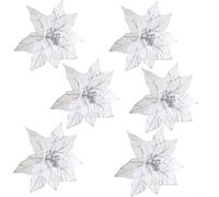 Set of 6 Artificial Glitter For Christmas Flowers for Decorating For Christmas Trees, Wreaths, and Garlands, Faux Poinsettia Flowers for Seasonal Holiday Decor (Silver)