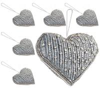 Set of 6 Beaded Heart Ornaments with Polyester Twine, Farmhouse Hearts, Mother's Day Decorative, Love Gifts for Him, Her | Wall Hanging Country Decor for Home - Purpoise & Silver