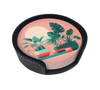 Set of 6 Beautiful potted green plants printed leather coasters, suitable for various cups, table decoration and protection