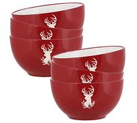 Set of 6 Bowls - Hand Painted Red & White Reindeer Stoneware Crockery Dinner Service Dishwasher & Microwave Safe Christmas Dinner Table Breakfast Cereal Soup Pasta Dessert Serving Bowl