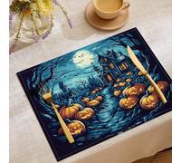 Set of 6 Castle Bats Pumpkin Lanterns Table Mat | Halloween Haunted Manor Seasonal Table Mats, Washable Heat Resistant Place Mats for Dinner Tables Party Decor, 45x30cm