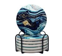 Set of 6 Ceramic Drink Coasters With Iron Holder - Stainless Gloss Coating - Teal Blue Turquoise Ocean Marble Swirl Pattern - Absorbent Non-Slip Cork Base - Housewarming (Teal Gold)