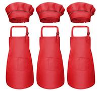 Set of 6 Children's Apron and Chef Hat Set, Chef Aprons with Pockets, Girls Boys Adjustable Kitchen Aprons, Garden Aprons, Toddler Cooking Aprons for Painting Crafts (7-13 Years) (Red)