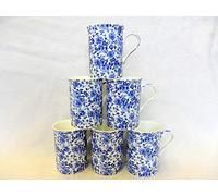 Set of 6 China 10oz Mugs in Blue Rose Design