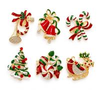 Set of 6 Christmas badges: various designs for festive outfits | Elegant Christmas jewellery in red, green and white. Gold accents enhance your clothes at winter celebrations.