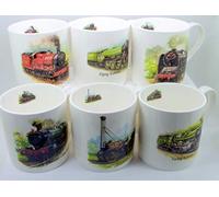 Set of 6 Classic Train FINE Bone China Mugs Featuring 6 Different Trains The Flying Scotsman ~ Olton Hall ~ Duke of Gloucester ~ Cambrian Coast Express ~ Stephenson's Rocket ~ Torbay Express