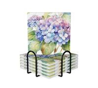 Set of 6 Coasters for Drinks Hydrangea Watercolor Printed Absorbent Ceramic Coasters with Cork Base Drink Coasters with Holder for Home Kitchen Office