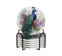 Set of 6 Coasters for Drinks Peacock Printed Absorbent Ceramic Coasters with Cork Base Drink Coasters with Holder for Home Kitchen Office
