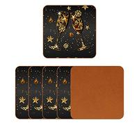 Set of 6 Cup Coasters for Home Office Bar, Faux Leather Drink Coasters, happy new year golden pattern