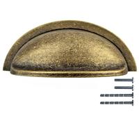 Set of 6 Cup Handles for Kitchen Cabinets & Drawers | Vintage Shell Design in Deep Antique Brass | 76mm Between Fixings | Chrome, Pewter, Satin Nickel Finishes Available (Deep Antique Brass)