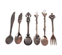 Set of 6 cutlery vintage spoons dessert coffee stirring spoons teaspoon ice cream spoon fruit fork Royal Style metal mini cut tableware fruit spoon for kitchen dining bar sweet snacks, Red, Silver