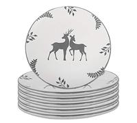Set of 6 Dinner Plates - Hand Painted Grey & White Reindeer Stoneware Crockery Dishwasher & Microwave Safe Christmas Reindeer Dinnerware Set