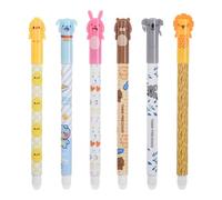Set of 6 Erasable Gel Pens with Thermosensitive Erase Ink, Cartoon Erasable Rollerball Pen, black colours ink & barrel designs, 0.5mm Tip, Bear, dog, duck, rabbit, cara, lion