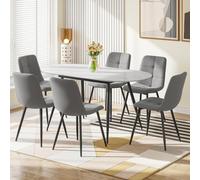 (Set of 6) Extendable Dining Table and Chairs Set of 4/6, Oval Mable Effect Table with Upholstered Chairs(Grey, Linen)