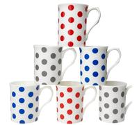 Set of 6 Fine Bone China Polka Dot Mugs - 2 Red, 2 Blue, 2 Grey Spots, 300ml Tea/Coffee Cups - Dishwasher & Microwave Safe Gift Set