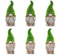 Set of 6 Flock Grass Garden Gonk Gnomes - 7"/18cm Ceramic Outdoor Ornaments with Green Flocked Hats & Spades - Cute Stone Effect Decorative Statues for Garden, Patio, Balcony, or Home Décor
