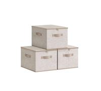 SONGMICS Foldable Storage Organiser Boxes, Storage Basket Bins with Lids, Handles, Clothes Organiser, Non-Woven Fabric, Set of 3, 40 x 30 x 25 cm, Sand Beige RZB003K01
