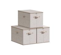 SONGMICS Foldable Storage Organiser Boxes, Storage Basket Bins with Lids, Handles, Clothes Organiser, Non-Woven Fabric, Set of 3, 50 x 30 x 30 cm, Sand Beige RZB050LZ04