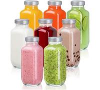 Set of 6 Glass Juice Bottles with Black Lids, 16 Oz Reusable Drink Containers for Juicing, Smoothies, Water, Milk & Kombucha, Leakproof Fridge Storage Jars, Dishwasher Safe Glassware Set, Clear