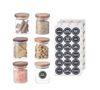 Set of 6 Glass Spice Jars with Acacia Wood Lids, Airtight Kitchen Containers with Silicone Seal, Stackable Herb Storage, Includes Labels and White Marker, Dishwasher Safe, Pantry Organization
