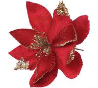 Set of 6 Glittered Artificial Flowers for Christmas Tree Ornaments to Enhance Holiday Party Decorations (Red)