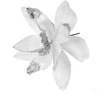 Set of 6 Glittered Artificial Flowers for Christmas Tree Ornaments to Enhance Holiday Party Decorations (Silver-white)