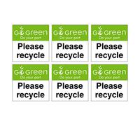 Set of 6 'Go Green' Environmentally Friendly Stickers. Please Recycle Signs. Self Adhesive. Each Sticker is 120mm x 120mm.