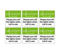 Set of 6 'Go Green' Environmentally Friendly Stickers. Please Turn Off the Lights When not in use Signs. Self Adhesive. Each Sticker is 120mm x 120mm.