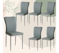 Set of 6 High Back Faux Leather Dining Chairs Upholstered Padded SeaSilver Ch Legs Modern Kitchen & Living Room Fur PU Grey h