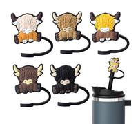 Set of 6 Highland Cow Straw Toppers, Premium Silicone Straws Toppers and Soft Silicone Straws Covers, Reusable Straw Caps for Cups & Tumbler Straw Accessories, Suitable for Everyday Use and Outdoor
