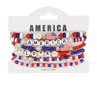 Set Of 6 July 4th Themed Crystal Glass Set Americans Flag Designs Elastic Wrist Jewelry Statement Pieces Beaded Bracelets