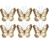 Set of 6 Large (18cm) Clip On Jewelled Glitter Mesh Decorative Butterflies (Gold)